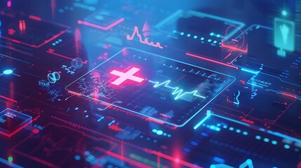 Wall Mural - digital healthcare interface with a red plus sign representing medicine and healthcare in the digita