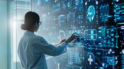 woman in a white coat interacts with a futuristic digital interface representing the future of technology in science and healthcare.