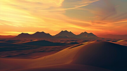 Poster - A desert landscape with mountains in the background and a sunset in the sky