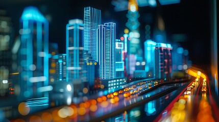 Wall Mural - Futuristic Cityscape illuminated by neon lights and digital glow showcasing the dynamism and beauty of modern urban environments.