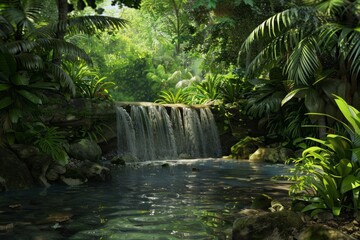 Sticker - A lush green jungle with a waterfall and a stream