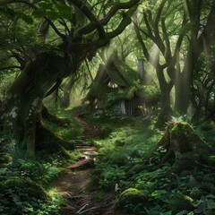 Sticker - A forest with a path leading to a small house