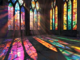 Canvas Print - A stained glass window with a rainbow of colors and a sun shining through it