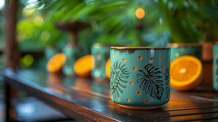 Decorative tropical leaf mug on wooden table with oranges in background. Concept of summer refreshment and exotic aesthetics.