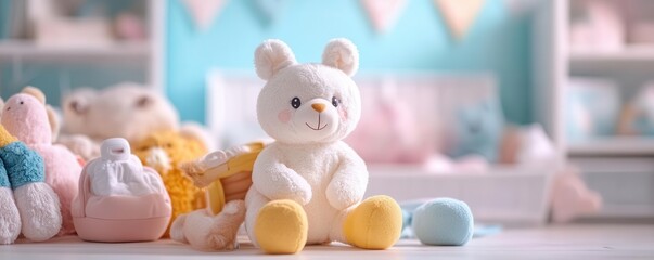 Adorable plush teddy bear surrounded by colorful stuffed toys in a bright and cheerful nursery setting.