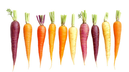 A variety of heirloom carrots in shades of orange, purple, and yellow, isolated on transparent background