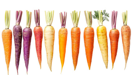 A variety of heirloom carrots in shades of orange, purple, and yellow, isolated on transparent background