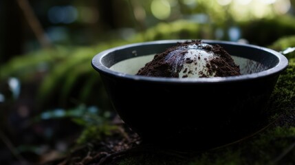 Poster - Delicious chocolate ice cream dessert in a dark bowl on moss