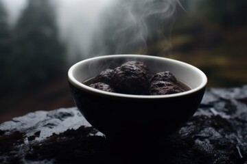 Wall Mural - Steaming hot chocolate balls in a dark ceramic bowl