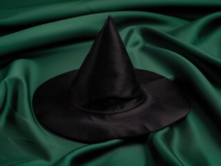 Wall Mural - Mysterious black witch hat on green fabric