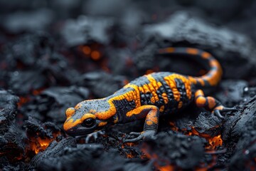 Wall Mural - Vibrant orange salamander on charred forest floor