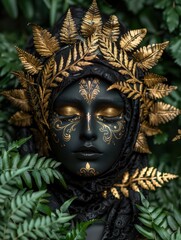 Wall Mural - Ornate golden mask in lush foliage