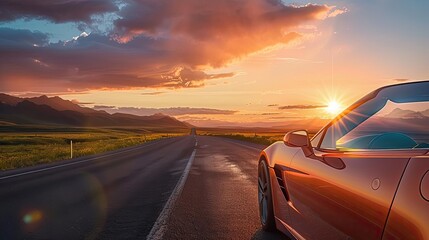 A stunning sunset view behind a sleek sports car on an open road, showcasing beauty and freedom of the journey ahead.