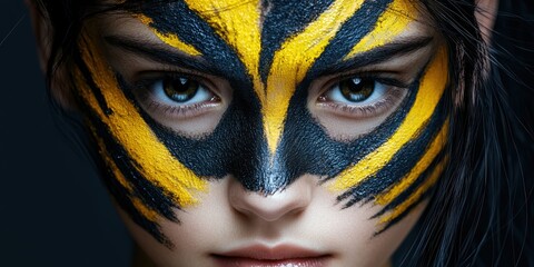 Poster - close up of a person's face with striking yellow and black face paint