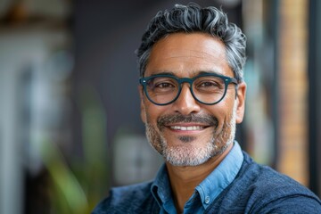 Headshot close up portrait of latin confident mature good looking indian middle age leader, ceo male businessman on blur office background. Handsome hispanic senior business man at, Generative AI