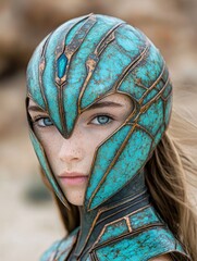 Poster - Mysterious warrior woman in ornate turquoise armor