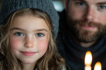 Canvas Print - Smiling young girl with bearded man in winter