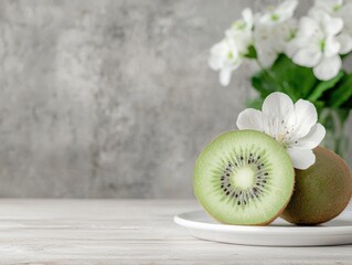 Wall Mural - fresh kiwi fruit and white flowers on a wooden table