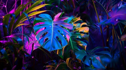 Wall Mural - Brightly lit neon Monstera deliciosa leaves entwined with other tropical plants, creating a surreal forest scene