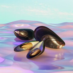 Poster - A group of three mussels with their shells open, laying on a pink surface