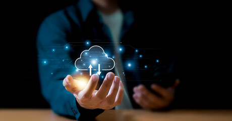 Wall Mural - cloud computer showing in hand, cloud technology storage data transfer internet storage network tech