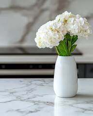 Sticker - beautiful white hydrangea flowers in a vase on a marble table