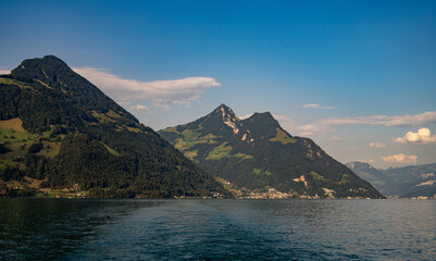 Wall Mural - Alpine mountains and like in Switzerland. Alps nature in Switzerland. Swiss Alps. Panoramic of the nature of Switzerland. Nature of Swiss lakes. Switzerland scenic landscape. Nature background.