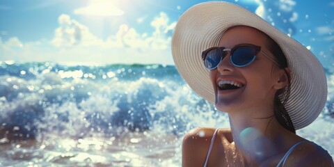 Poster - A woman smiles at the ocean, happy to be on vacation. AI.