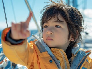 Canvas Print - A young child points with their finger while on a boat. AI.