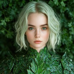 Poster - Enchanting portrait of a woman with striking green eyes and pale hair surrounded by lush greenery