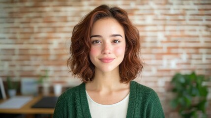 Canvas Print - young woman with curly hair in green sweater smiling