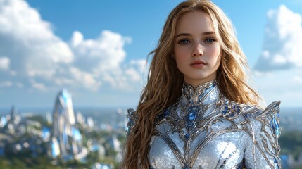 Poster - fantasy woman in futuristic armor overlooking city