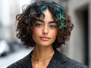 Canvas Print - Stylish woman with curly hair and vibrant highlights