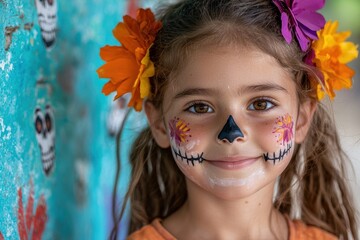 Canvas Print - smiling girl with face painted for day of the dead