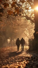 Wall Mural - A couple walking in the woods with leaves on the ground