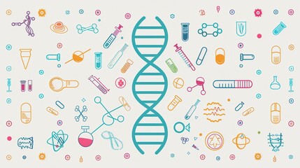 Aufkleber - A double helix DNA strand is surrounded by various medical symbols, including microscopes, test tubes, and stethoscopes, highlighting the fusion of biology and medicine. Generative AI