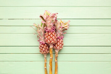 Poster - Decorative pineapples on green wooden background