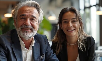 Mature Latin business man and European business woman discussing project in modern office. Two diverse partners, colleagues, team of confident professional business people work together, Generative AI