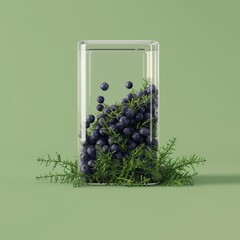 Wall Mural - A glass jar filled with blueberries and green leaves