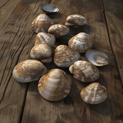 A pile of shells on a wooden table