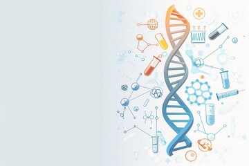 A double helix DNA strand is illustrated with various medical symbols like microscopes, test tubes, and stethoscopes, representing scientific research and healthcare. Generative AI