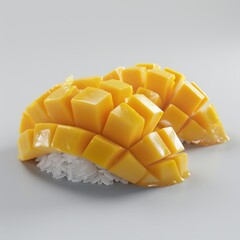 Poster - A slice of mango is cut into cubes and placed on a white background