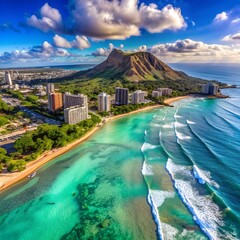 Wall Mural - Aerial view of Waikiki Beach with Diamond Head, waves and crystal clear water, Hawaii, United States.