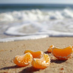 Wall Mural - A few orange slices are on the beach, with the ocean in the background