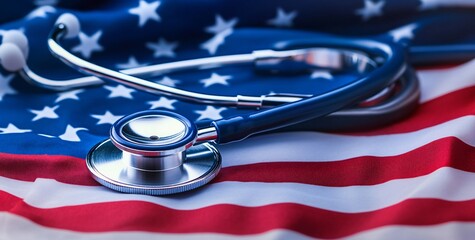 Stethoscope placed on an American flag, symbolizing healthcare and patriotism. 