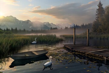 Poster - A serene lake with two swans floating on it and a boat in the foreground