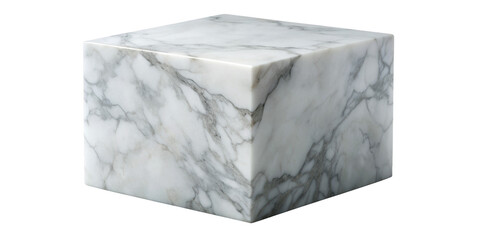 White Marble Cube with Grey Veining displaying a smooth, polished surface and intricate natural patterns. Isolated on transparent background, png.