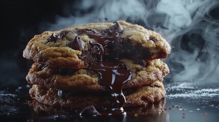 Wall Mural - Close-up of Freshly Baked Chocolate Chip Cookies with Melting Chocolate Center