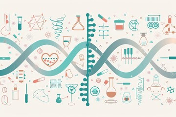 Aufkleber - A double helix DNA strand is highlighted amidst various medical icons, showcasing scientific elements like microscopes, test tubes, and stethoscopes. Generative AI