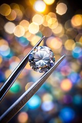 Wall Mural - Tweezers with beautiful shiny diamond against light blurred background, closeup